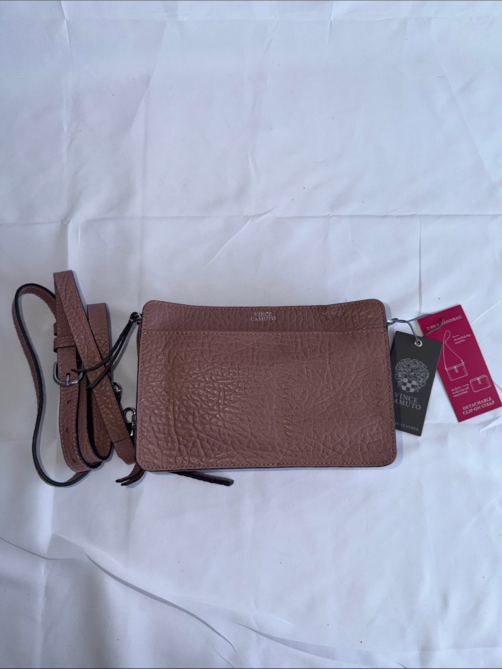 Vince Camuto Soft Rose Mauve Pink Leather Zip Top Crossbody Purse Bag
